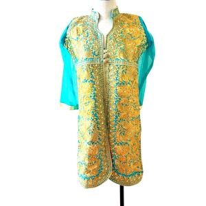 Pakistani Kurti Turquoise Gold Embroidered Beaded Sequin Tunic Dress XS S